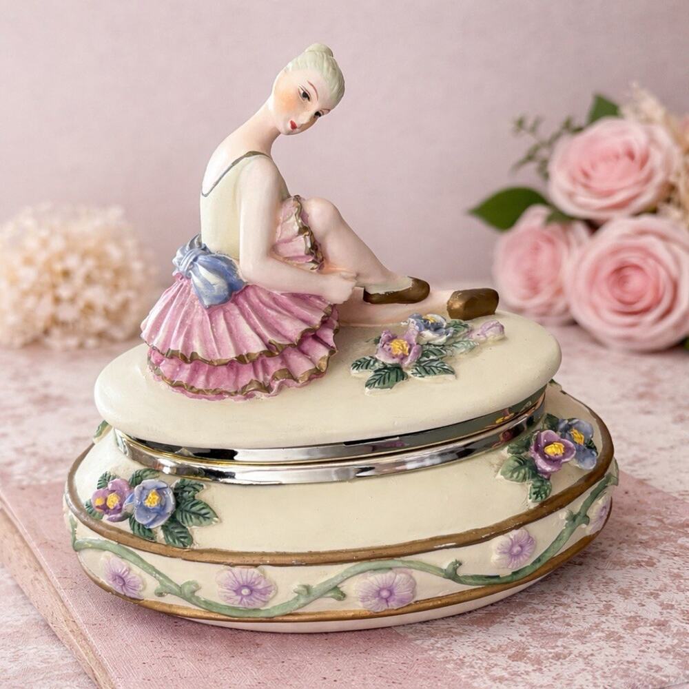 Vintage Ballerina Girl Trinket Box Jewelry Porcelain Floral Cottage Vanity MCM